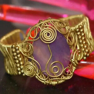 Vintage Artisan Gold Wire Wrapped Amethyst Stone Cuff Bracelet
